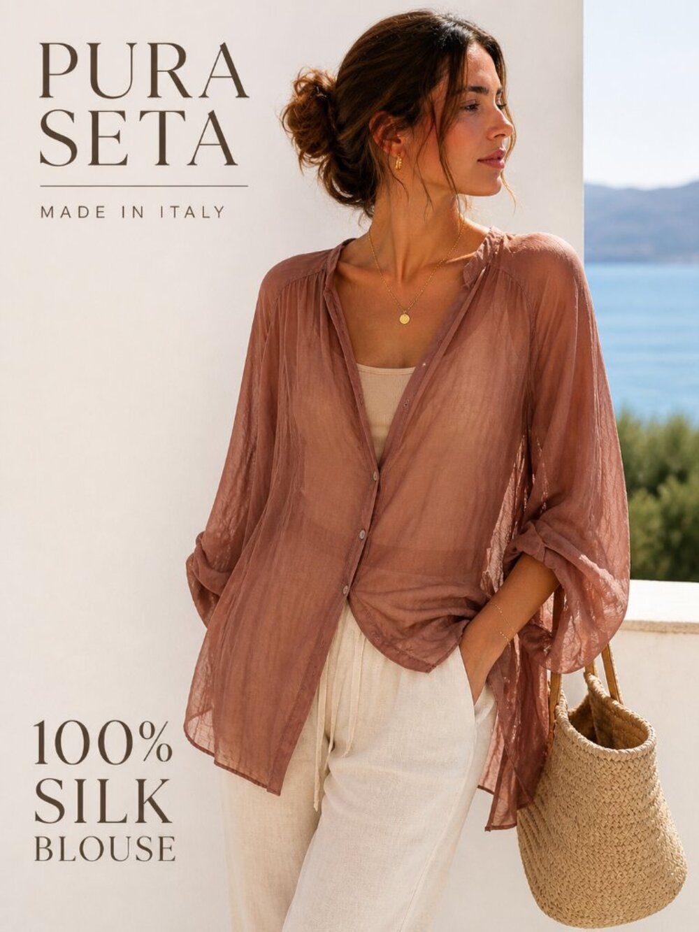 PURA SETA Italy 100% Silk Blouse Tunic Sheer Brown Dolman Sleeve Flowy
